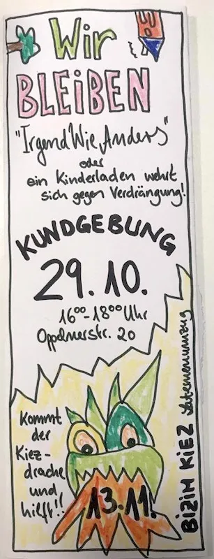 Flyer Wir bleiben. "IgendWieAnders" oder ein Kinderladen wehrt sich gegen Verdrängung